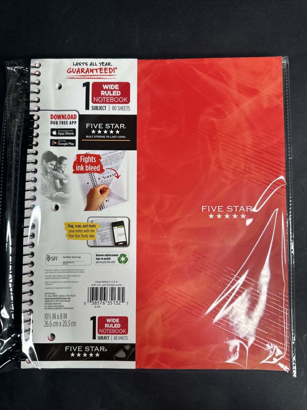 Five Star 1 Subject College Ruled Spiral Notebook 80 Sheets Size 10.5in X 8inch